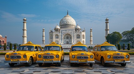 Wall Mural - Yellow taxis in front of the Taj Mahal, Agra, iconic white marble structure, clear blue sky, detailed textures on the taxis and landmark, dynamic and vibrant scene, hd quality, natural look.