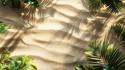 Tropical sandy beach background with palm leaves and shadows in sunlight, ideal for summer travel themes, vacation destinations, relaxing getaways, and exotic beach scenes in nature
