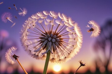 Wall Mural - Dandelion seeds gently blowing in the wind, horizontal compostion