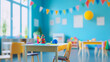 © Mahmud - 'Colorful kindergarten classroom with no children, featuring school desks, chairs, toys, and decorations on the background wall. A vibrant and inviting space for early childhood education.'