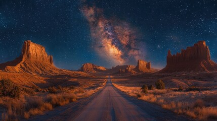 A desert road stretching into the distance, flanked by red rock formations under a sparkling night sky. -