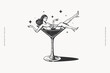 © KOSIM - A hand-drawn illustration of a woman lounging in a cocktail glass with stars around her. Ideal for themes related to nightlife, glamour, and celebration.