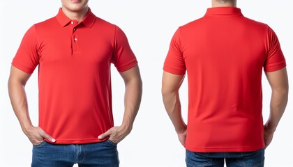 Sticker - Red Polo - Shirt Mockup for Product Design - T-shirt Template for Logo Placement and Branding - Template for Company Shirt and Work Clothing - Presentation Background for Corporate Identity 