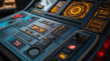 Futuristic control panel with glowing buttons and screens.