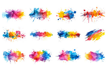 Wall Mural - Abstract Hand painted watercolor colorful paint ink splatter, rainbow splashes brush strokes transparent background