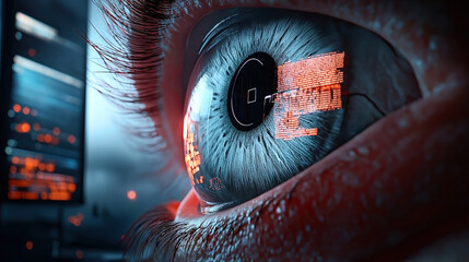 close-up of a human eye with digital code reflected in the iris, symbolizing technology integration 