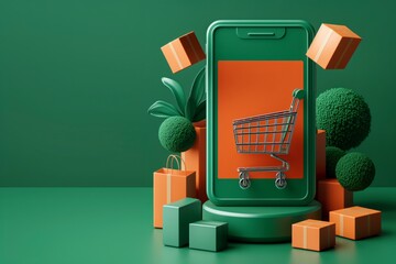 Smartphone Shopping Cart and Floating Gift Boxes: Modern Digital Shopping Experience - Mobile App, Online Retail, Website, Holiday E-commerce on Mobile, Festive Online Shopping Concept