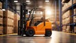 © Robiul - forklift truck lifting wooden pallet cartoon boxes in a warehouse full of containers and packages