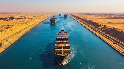 Wall Mural - Cargo Ships Navigating the Suez Canal