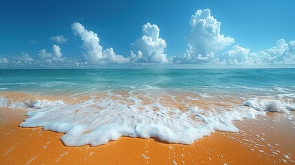 A serene beach with crystal clear blue water lapping at the golden sand.