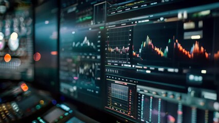 Wall Mural - Close-Up of Multiple Computer Monitors Displaying Real-Time Data Graphs in a Dark Room, The precision and speed required for high-frequency trading