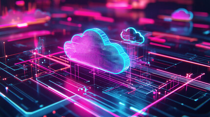 Wall Mural - Futuristic digital representation of cloud computing with neon blue and pink cloud icons and circuit-like connections.