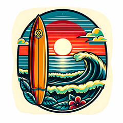 Illustrate a retro-style surfboard with waves and a sunset watercolor vector painting art illustration images.
