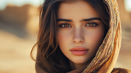 portrait of a beautiful woman in ancient Persia, with a desert background