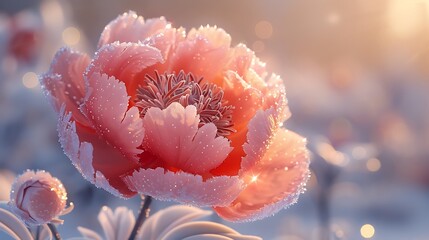 A peony with frost-covered petals, set against a wintery landscape, sparkling ice crystals, cold and beautiful, anime style, hd quality, natural look. --ar 16:9 --v 6.0