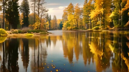 Canvas Print - A tranquil lake reflecting the golden leaves of surrounding trees, Tranquil lake surrounded by golden trees reflecting in the water