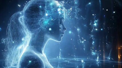 A woman's face is shown in a blue light, with a blue background. The image has a futuristic and otherworldly feel to it, with the woman's face appearing to be made of light