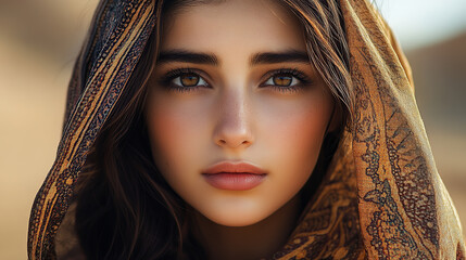 portrait of a beautiful woman in ancient Persia, with a desert background