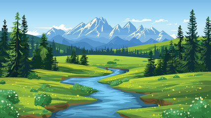 Wall Mural - Beautiful mountains river landscape, clear water, mountain ridge, forest, meadow shores pine trees vector