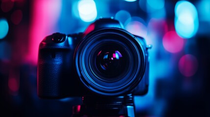 A close-up of a camera with vibrant blue and pink lighting, emphasizing photography equipment and artistic expression.