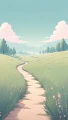 Wall Mural - Serene Countryside Path Amid Blossoming Fields Under a Clear Sky