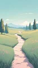 Wall Mural - Landscape of a Serene Countryside Pathway Winding through Lush Green Fields under a Clear Sky