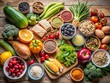 © Man888 - Fresh seasonal fruits, vegetables, whole grains, lean proteins, and healthy snacks arranged artfully on a table, showcasing a balanced weekly diet plan with variety.