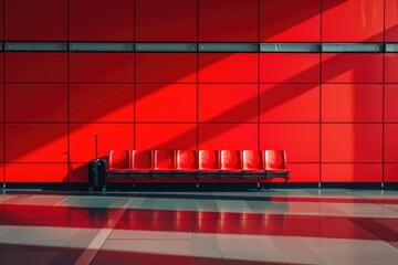 Wall Mural - A row of bright red chairs stands out against the same vibrant red background, creating a striking visual effect