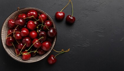 Wall Mural -  cherry in a bowl on a black background, top view, copy space 