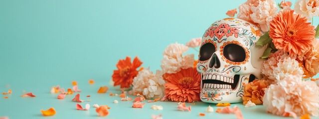 Day of the dead. Blue background with sugar Skull mask and flowers. Cinco de mayo.  for banner, poster, card with copy space