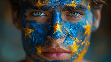 A young man proudly displays his painted face with blue and yellow colors representing the European Union at a lively summer festival