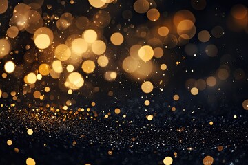 Sparkling gold bokeh on black background. Great for adding a festive touch to your designs.