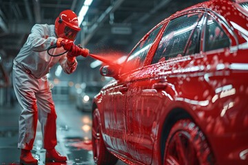 Wall Mural - A Worker Spraying Bright Red Paint on a Car in a Modern Automotive Factory