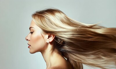 Wall Mural - A profile shot of a woman with long, flowing blonde hair, perfectly capturing the movement and shine of her hair as it flows in the air.