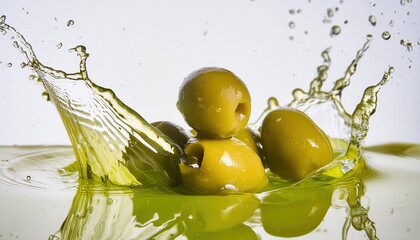 Sticker -  green olives in splashes of olive oil on a white background 