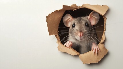 Close-up of cute rat peeking out from hole in cardboard box.