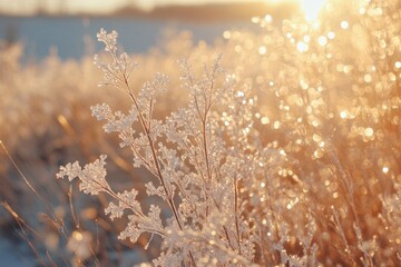 Wall Mural - Frozen grass covered in frost sparkles in the sunlight. This photo is great for winter, nature, or Christmas projects.