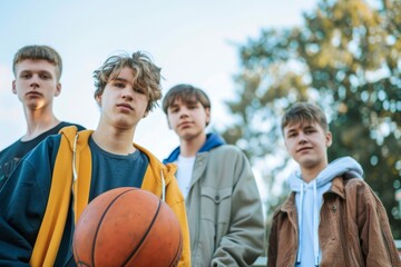 portrait of positive group of young people came to play basketball, in casual wear. caucasian boys enjoy time together outdoors, Generative AI