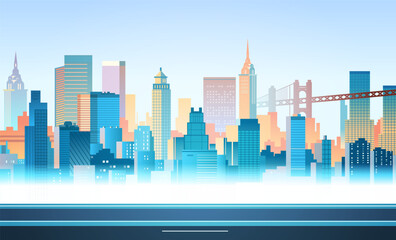 Wall Mural - City skyline urban landscape with skyscrapers colorful buildings modern architecture gradient background bridge