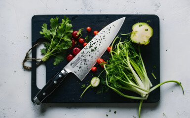 Wall Mural - A chefs knife on A cutting board with vegetables