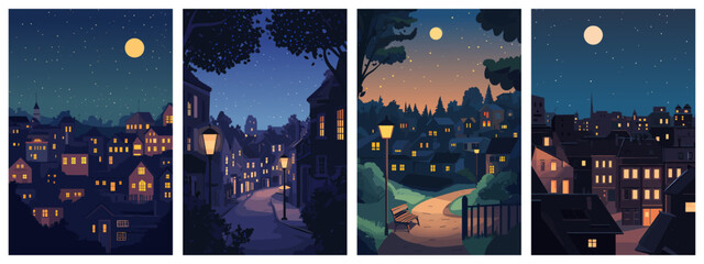 Wall Mural - night in the town landscape posters set. quiet village night starry sky moon small houses dark trees