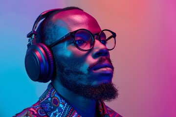 Wall Mural - Stylish Portrait of a Man with Headphones in Vibrant Lighting