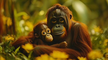 orangutan mother with child in nature