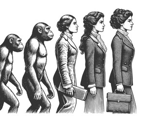 Wall Mural - evolution of woman, transitioning from primate to modern professional sketch engraving generative ai fictional character raster illustration. Scratch board imitation. Black and white image