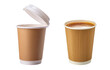 © tohceenilas - Two brown paper coffee cups, one with a lid open, ideal for coffee shops and to-go beverages.