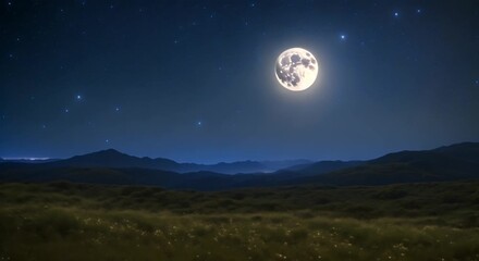 Wall Mural - A nighttime nature scene with a full moon and shooting stars in the sky Seamless looping time lapse virtual video animation background 4k animation