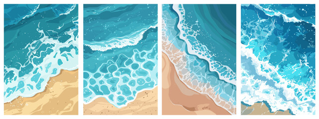 Canvas Print - Ocean waves hit the sand shore top view posters set. Beautiful coastline. Sandy beach. Summer vacation and travelling background. Vector simple flat cartoon style illustration