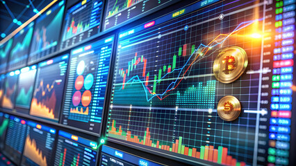 A futuristic financial dashboard showing stock market trends, cryptocurrency values, and digital payment transactions. Elements like digital cards and e-wallets emphasize the modernization of finance