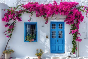 Wall Mural - Charming White House with Vibrant Bougainvillea and Blue Doors