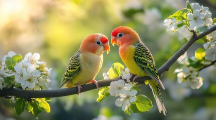 Two colorful parakeets on a branch. Perfect for springtime, nature, and pet themes.